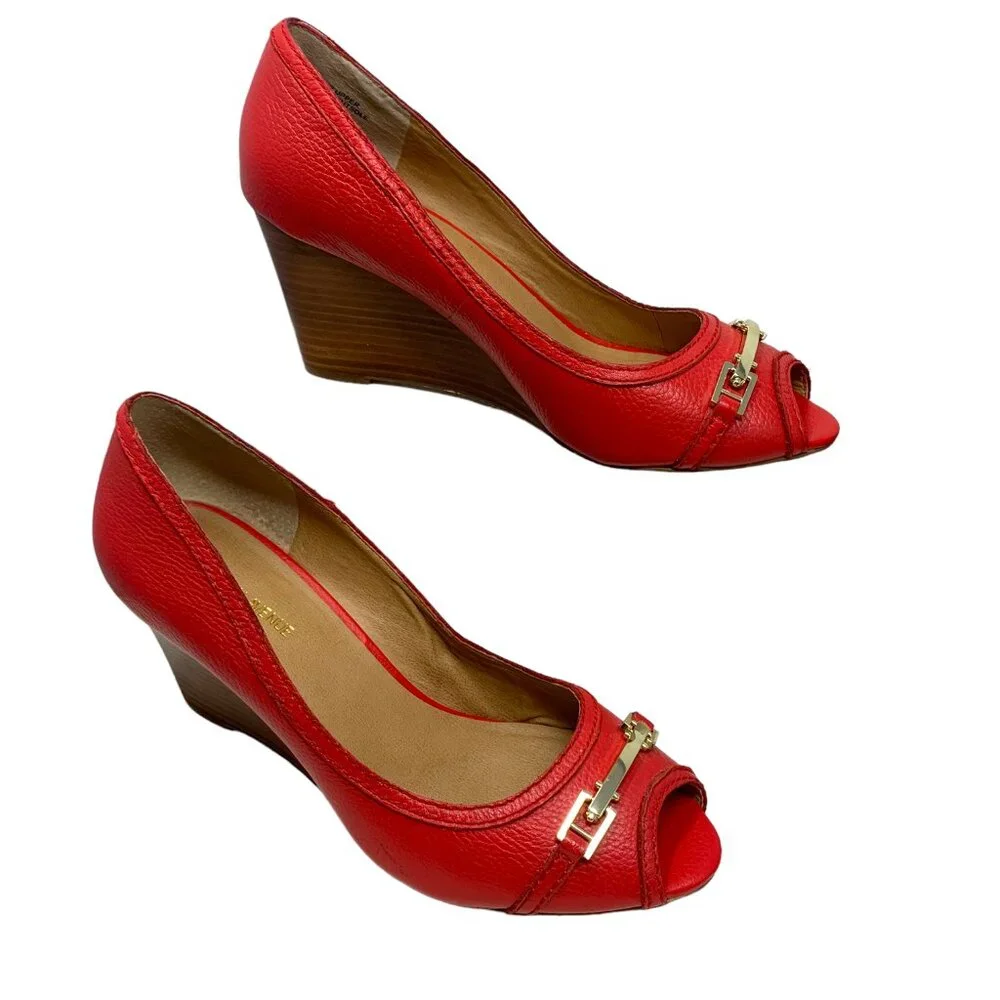 Saks Fifth Avenue‎ Coral Leather Horse Bit Peep Toe Wedge Pump